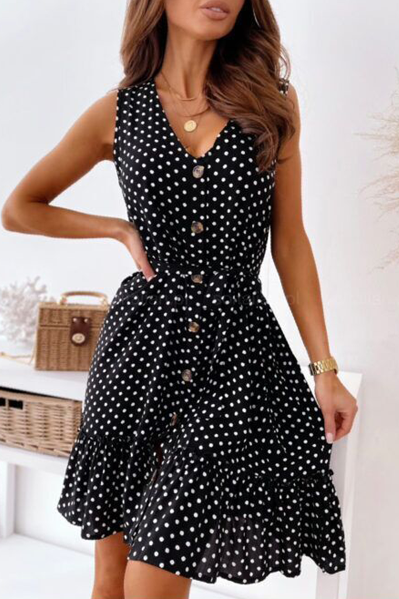 Dunnmall Elegant Dot Buckle With Belt V Neck A Line Mini Dresses