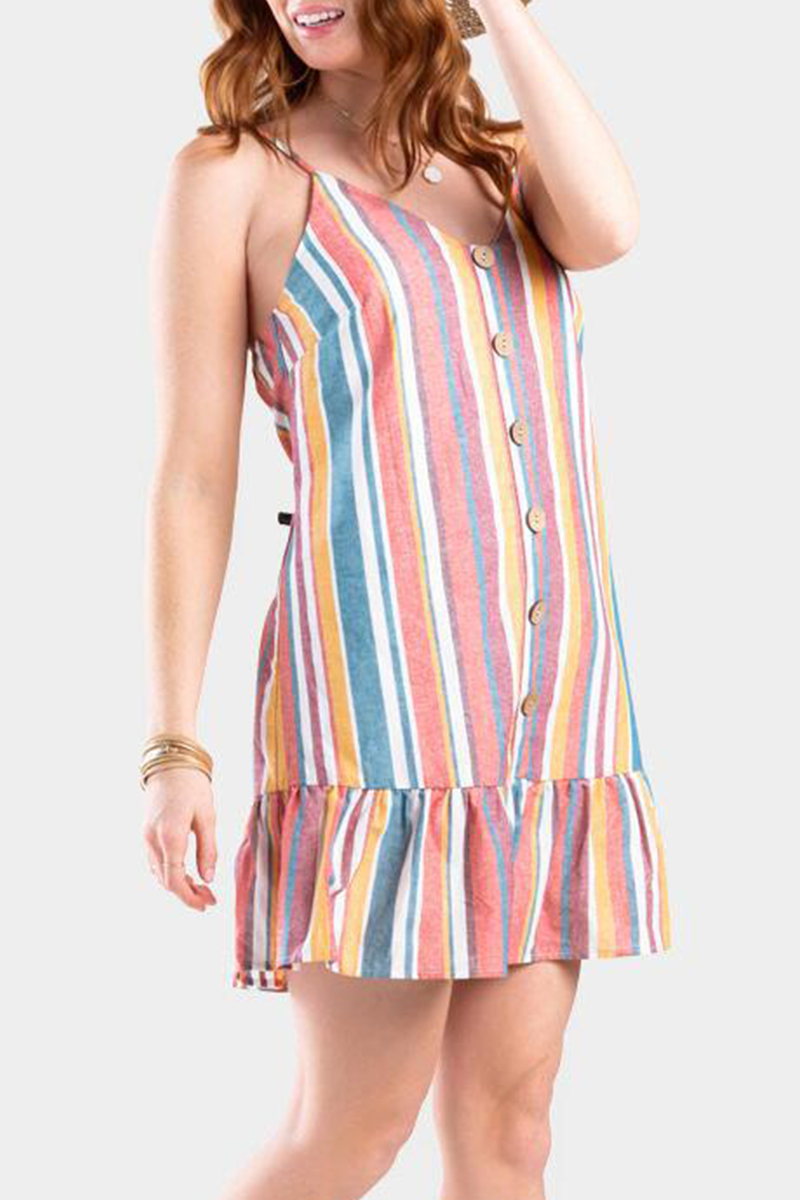 Dunnmall Fashion Casual Striped Buckle Flounce V Neck A Line Dresses