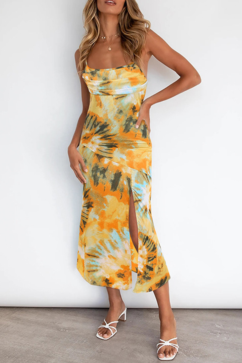 Dunnmall Elegant Print Split Joint Slit Strapless Sling Dress Dresses