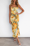 Dunnmall Elegant Print Split Joint Slit Strapless Sling Dress Dresses