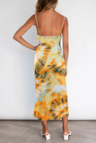 Dunnmall Elegant Print Split Joint Slit Strapless Sling Dress Dresses