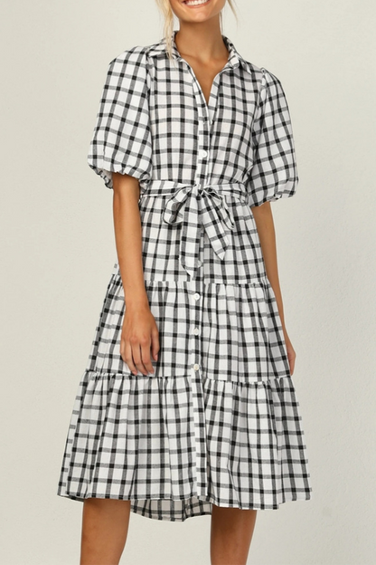 Dunnmall Fashion Elegant Plaid Buttons Flounce POLO collar A Line Dresses