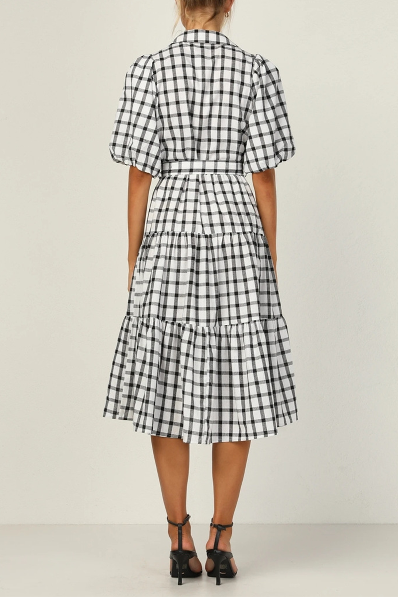 Dunnmall Fashion Elegant Plaid Buttons Flounce POLO collar A Line Dresses