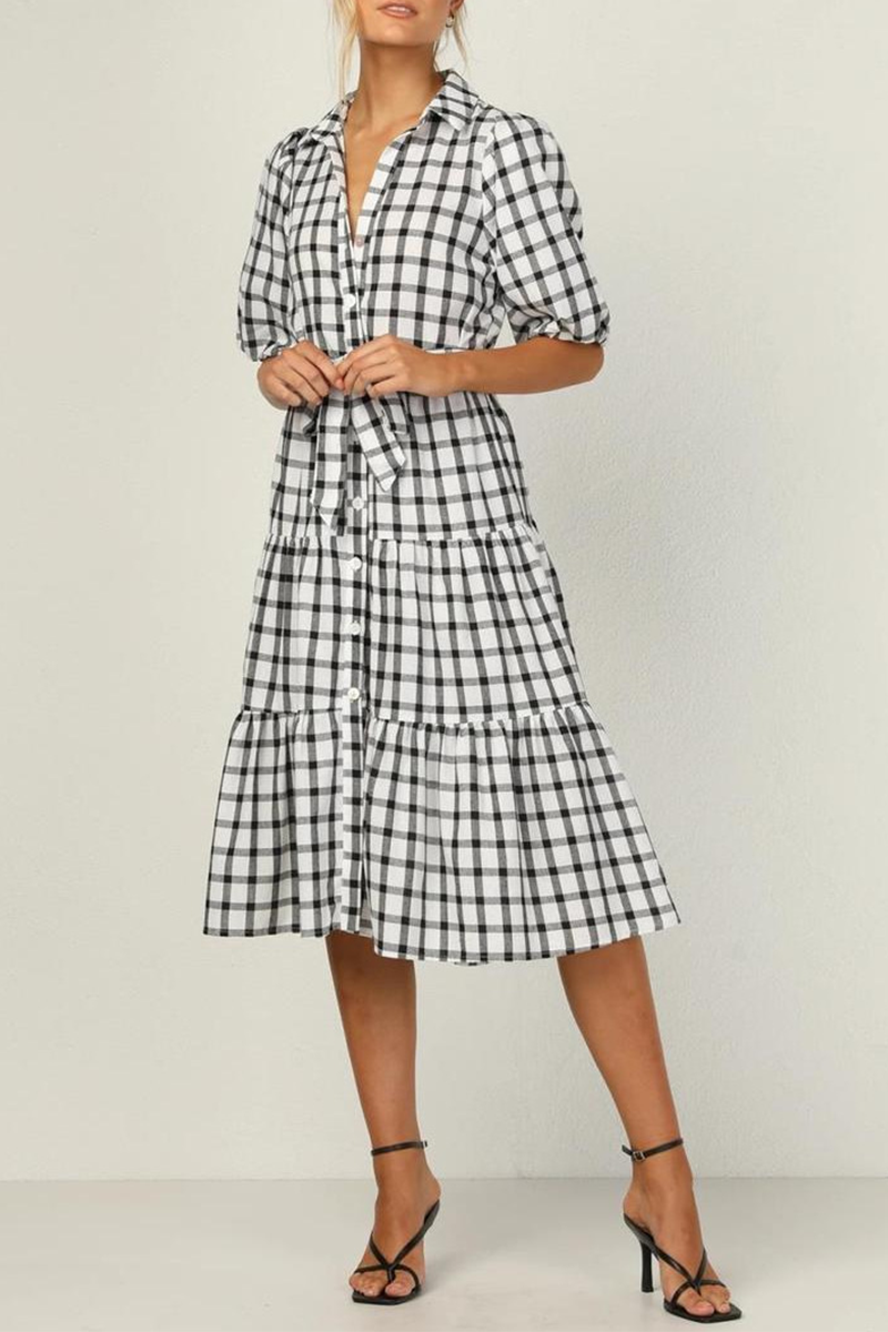 Dunnmall Fashion Elegant Plaid Buttons Flounce POLO collar A Line Dresses