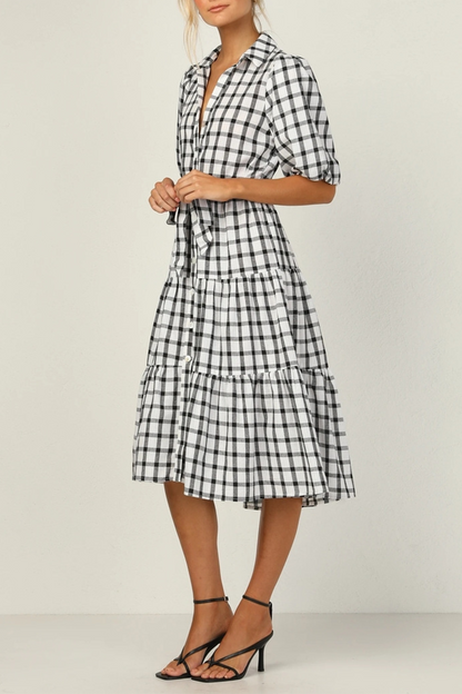 Dunnmall Fashion Elegant Plaid Buttons Flounce POLO collar A Line Dresses