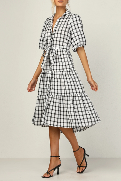 Dunnmall Fashion Elegant Plaid Buttons Flounce POLO collar A Line Dresses