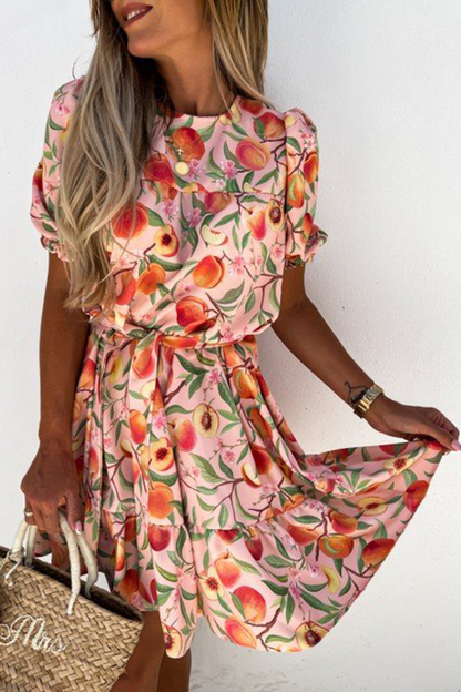 Dunnmall Fashion Elegant Floral With Belt O Neck A Line Dresses