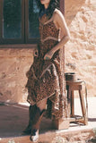 Dunnmall Fashion Street Leopard Split Joint Spaghetti Strap Waist Skirt Dresses