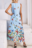 Dunnmall Elegant Butterfly Print Split Joint Pocket V Neck A Line Dresses