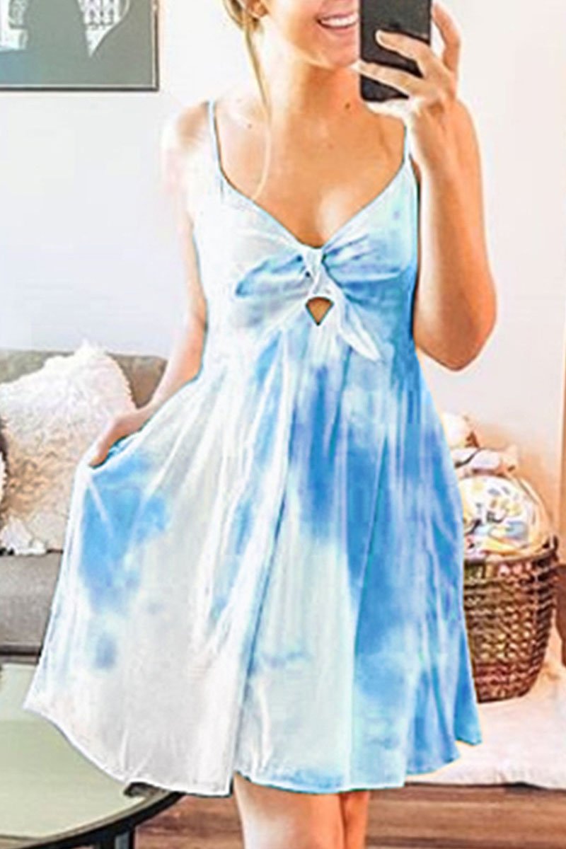 Dunnmall Fashion Street Tie Dye Backless V Neck A Line Dresses