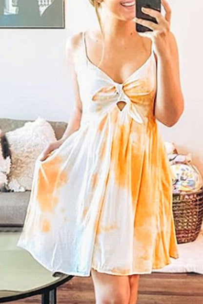 Dunnmall Fashion Street Tie Dye Backless V Neck A Line Dresses