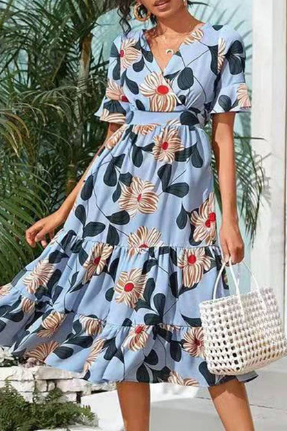 Dunnmall Fashion Street Print Split Joint V Neck A Line Dresses