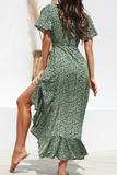 Dunnmall Elegant Print Frenulum Flounce V Neck Irregular Dress Dresses