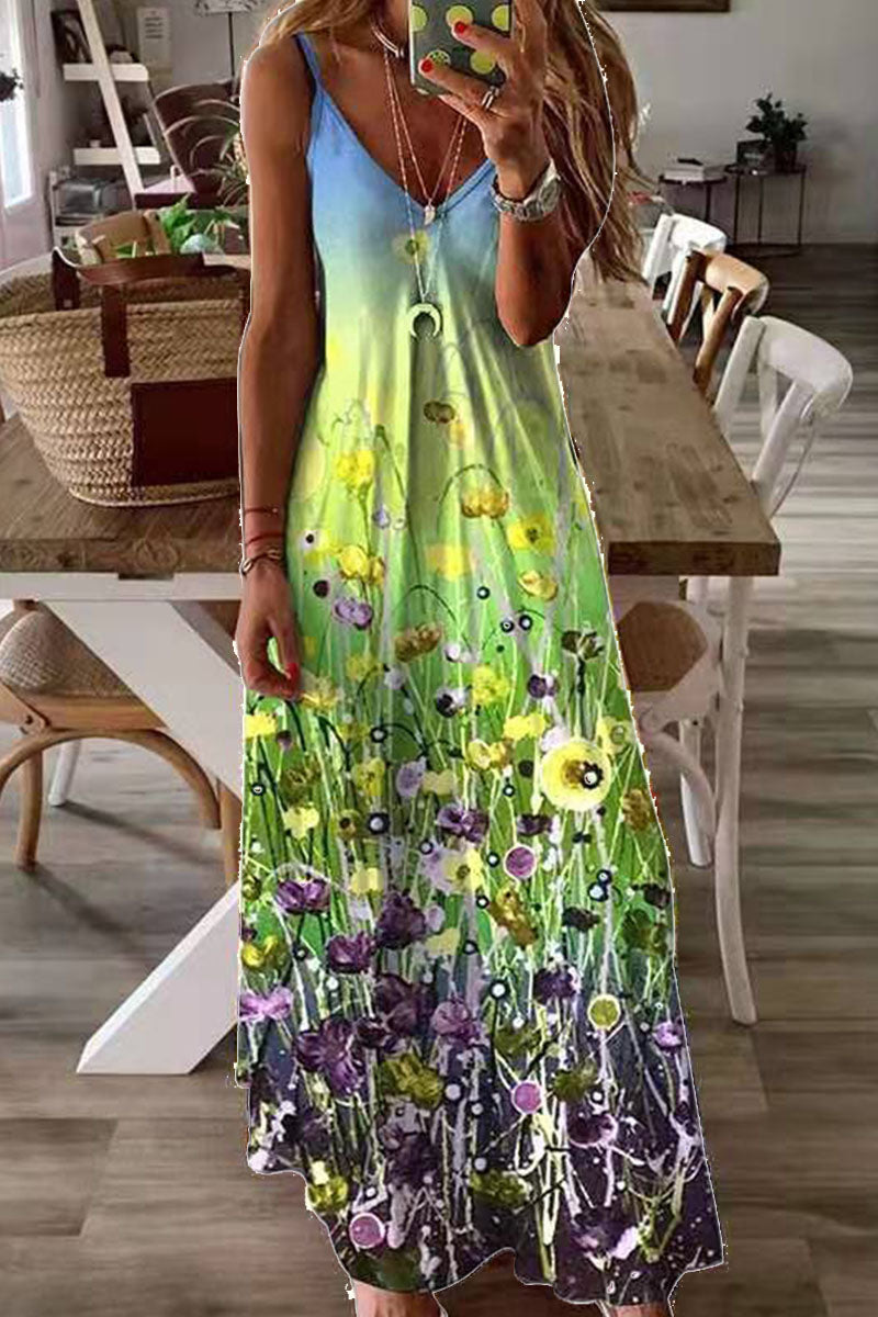 Dunnmall Fashion Sweet Print Split Joint V Neck Princess Dresses