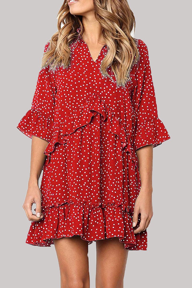 Dunnmall Fashion Casual Polka Dot Split Joint V Neck Princess Dresses