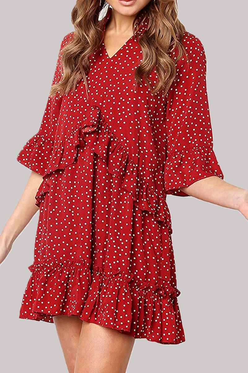 Dunnmall Fashion Casual Polka Dot Split Joint V Neck Princess Dresses