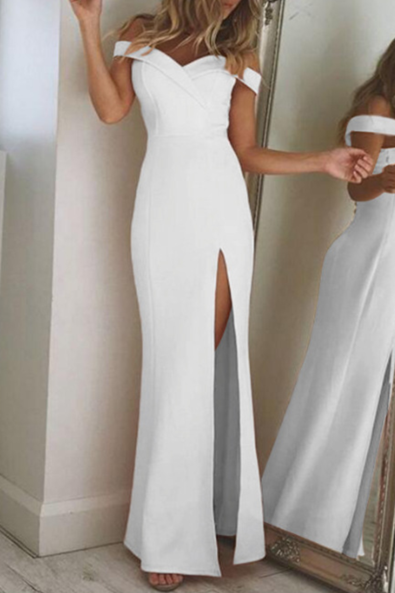 Dunnmall Fashion Elegant Solid Backless High Opening Off the Shoulder Irregular Dress Dresses