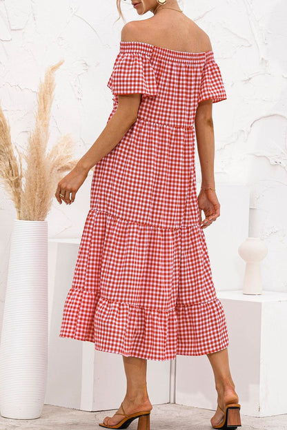 Dunnmall Fashion Sweet Plaid Split Joint Off the Shoulder Cake Skirt Dresses