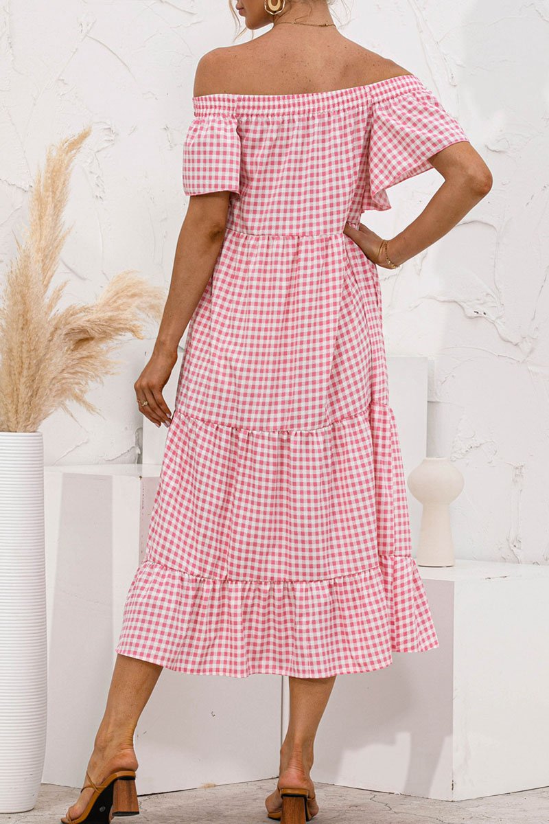 Dunnmall Fashion Sweet Plaid Split Joint Off the Shoulder Cake Skirt Dresses