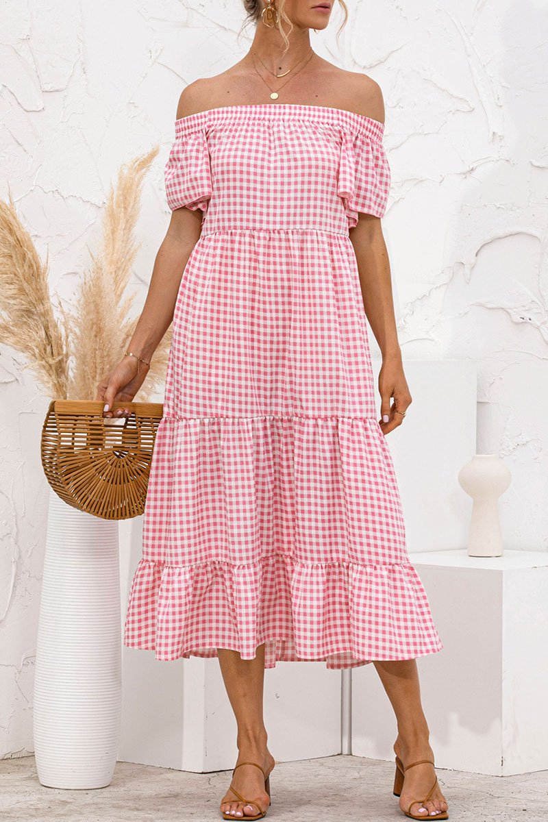 Dunnmall Fashion Sweet Plaid Split Joint Off the Shoulder Cake Skirt Dresses