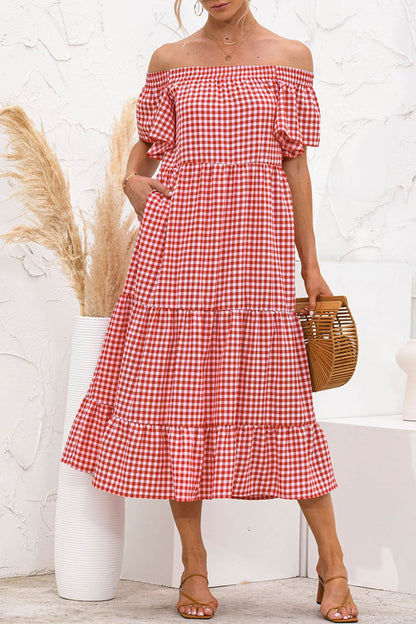 Dunnmall Fashion Sweet Plaid Split Joint Off the Shoulder Cake Skirt Dresses