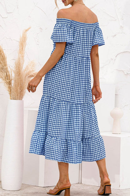 Dunnmall Fashion Sweet Plaid Split Joint Off the Shoulder Cake Skirt Dresses