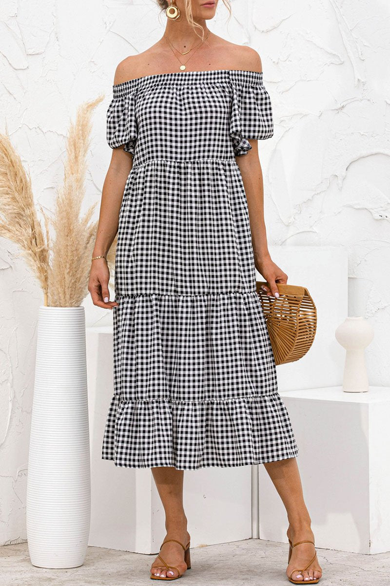 Dunnmall Fashion Sweet Plaid Split Joint Off the Shoulder Cake Skirt Dresses