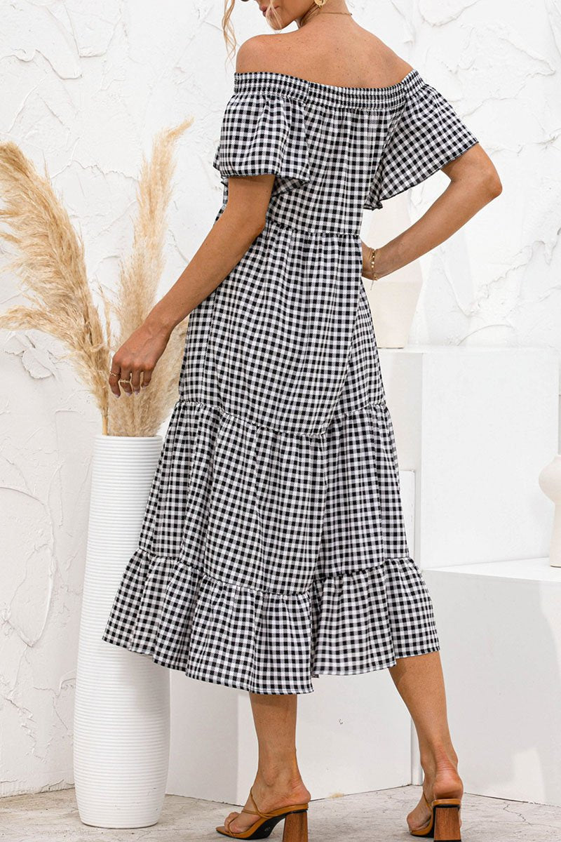 Dunnmall Fashion Sweet Plaid Split Joint Off the Shoulder Cake Skirt Dresses