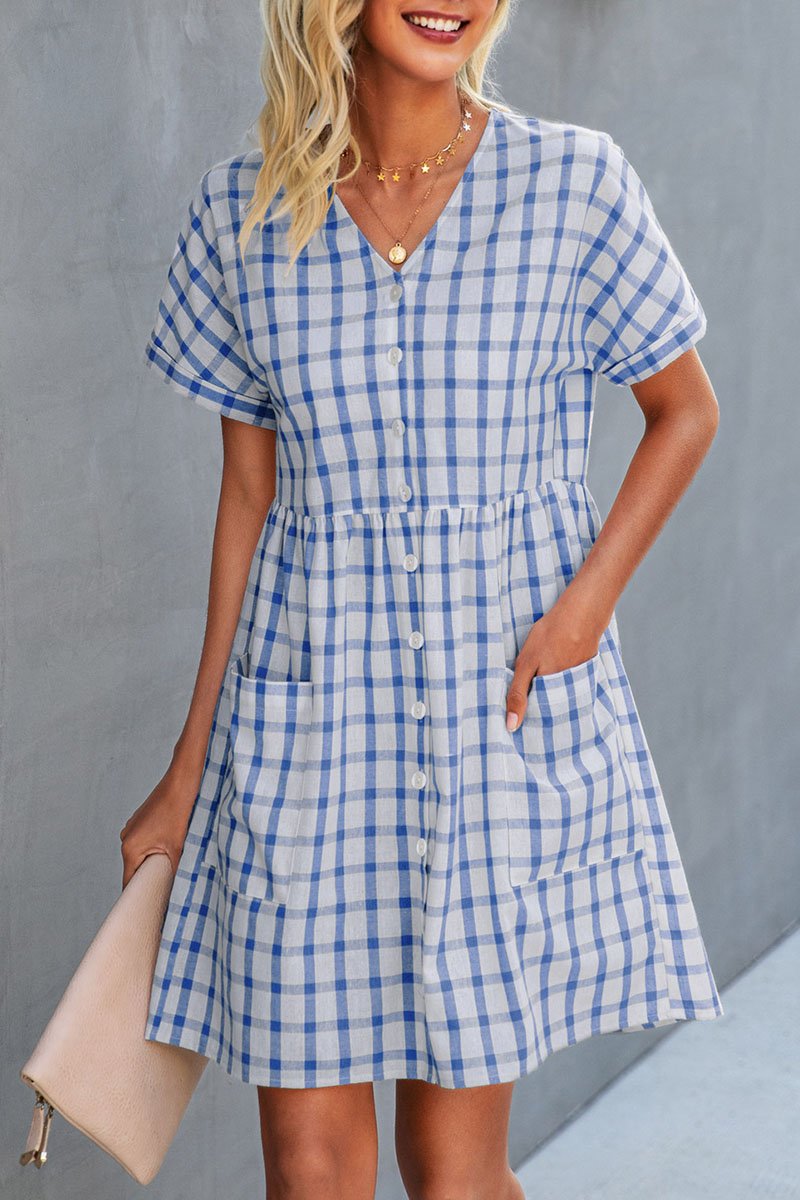 Dunnmall Fashion Casual Plaid Split Joint V Neck A Line Dresses