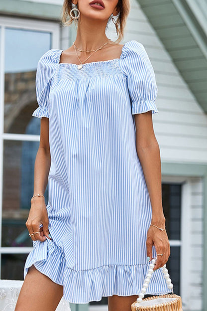 Dunnmall Fashion Casual Striped Split Joint Square Collar Princess Dresses