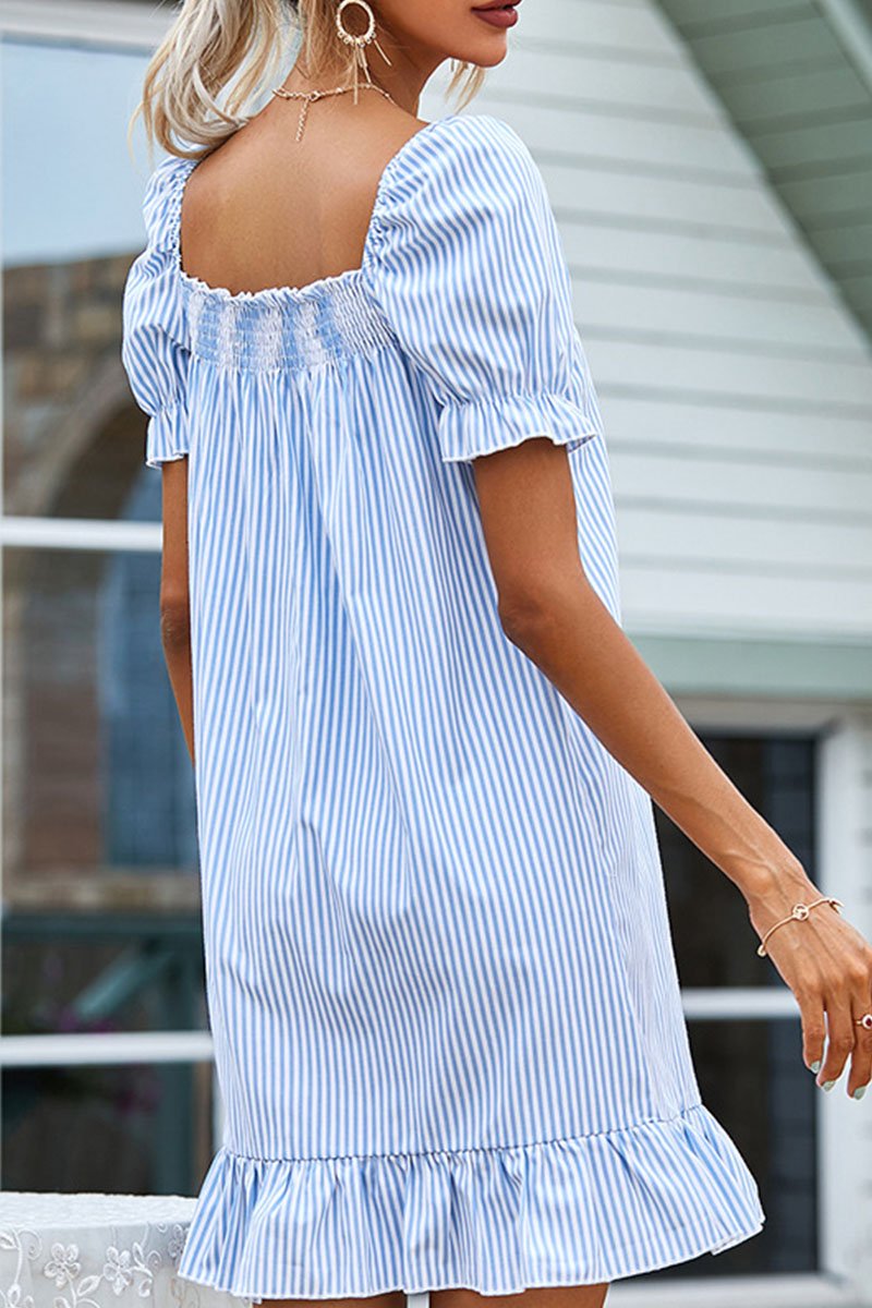 Dunnmall Fashion Casual Striped Split Joint Square Collar Princess Dresses