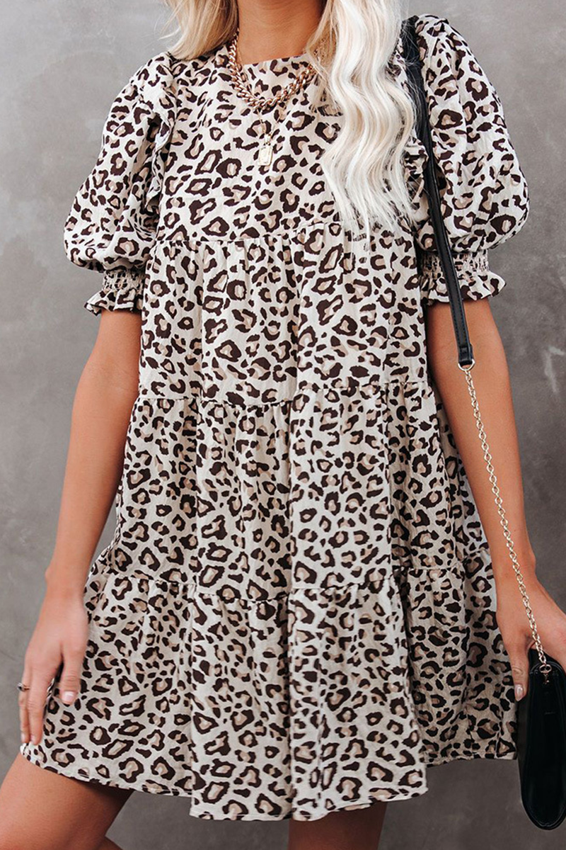 Dunnmall Elegant Leopard Strap Design O Neck Dresses