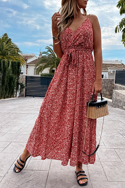 Dunnmall Elegant Print Frenulum V Neck A Line Maxi Dresses