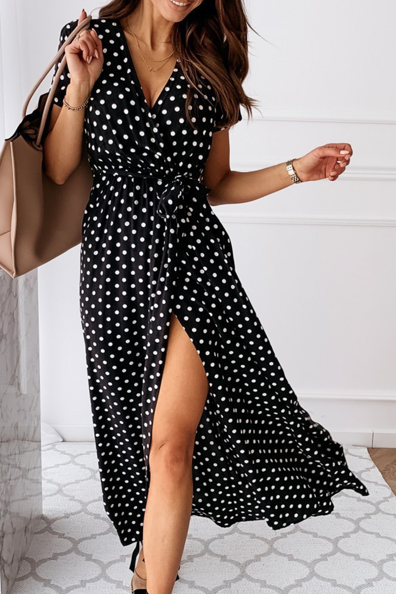 Dunnmall Fashion Elegant Polka Dot Frenulum Slit V Neck A Line Dresses(4 Colors)