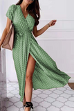 Dunnmall Fashion Elegant Polka Dot Frenulum Slit V Neck A Line Dresses(4 Colors)
