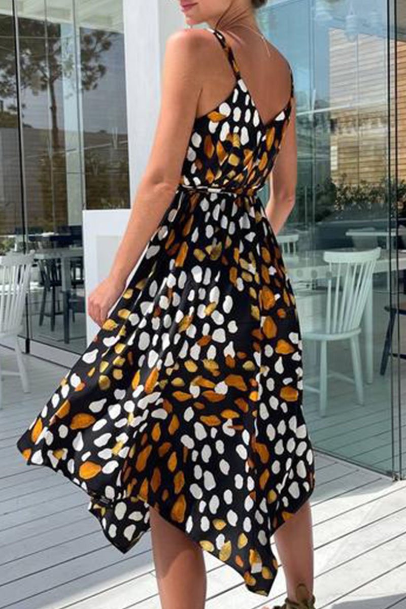 Dunnmall Fashion Sweet Print Split Joint V Neck Irregular Dress Dresses