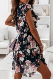 Dunnmall Fashion Elegant Floral Flounce O Neck A Line Dresses