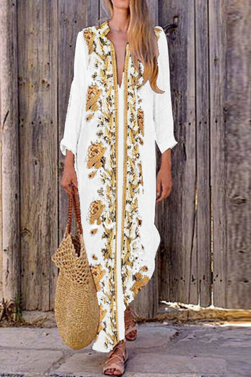 Dunnmall Fashion Street Print V Neck A Line Maxi Dresses