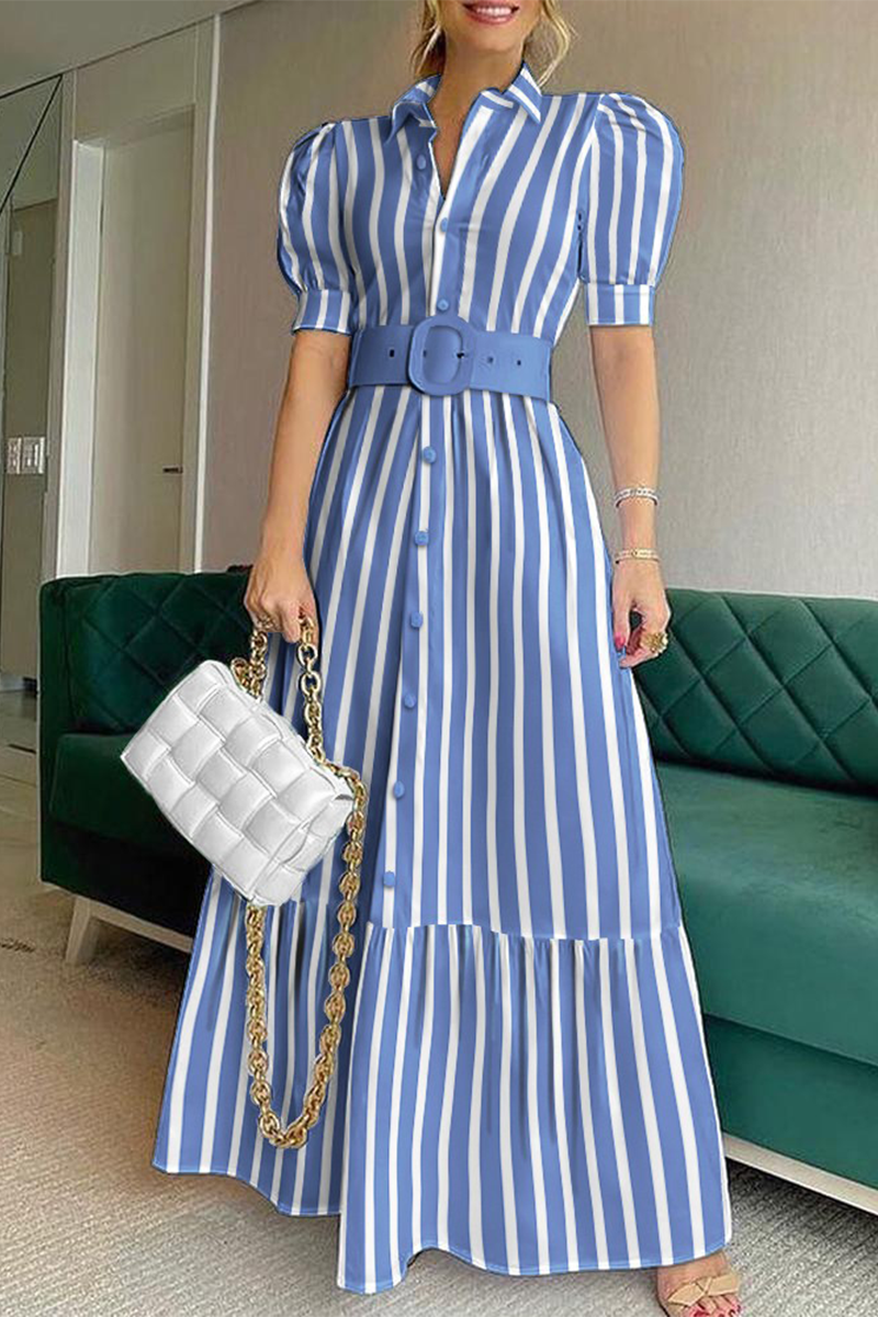 Dunnmall Fashion Elegant Striped Solid Buckle With Belt Shirt Collar A Line Dresses