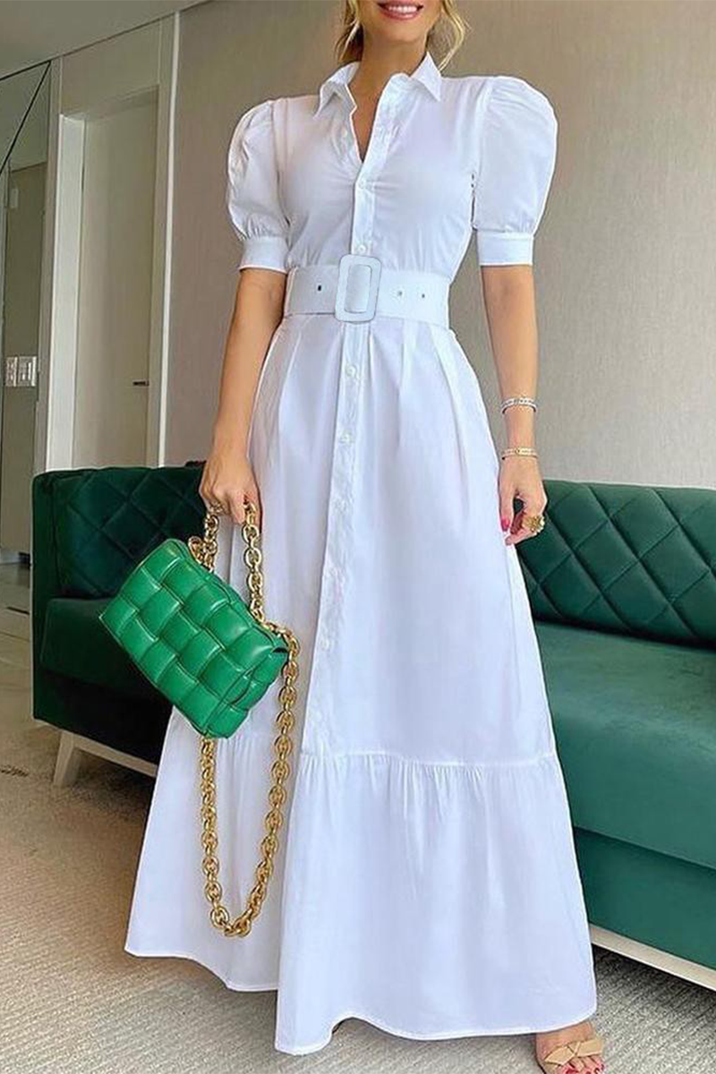 Dunnmall Fashion Elegant Striped Solid Buckle With Belt Shirt Collar A Line Dresses