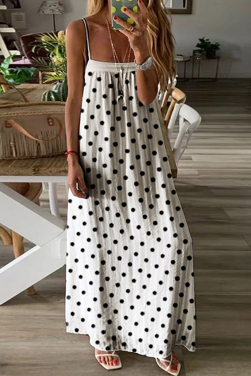 Dunnmall Fashion Casual Polka Dot Split Joint Spaghetti Strap A Line Dresses