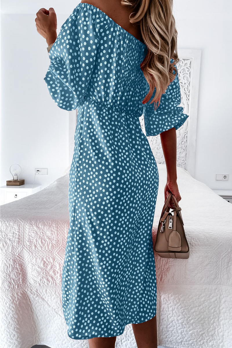 Dunnmall Fashion Elegant Polka Dot Frenulum Slit Off the Shoulder Dresses