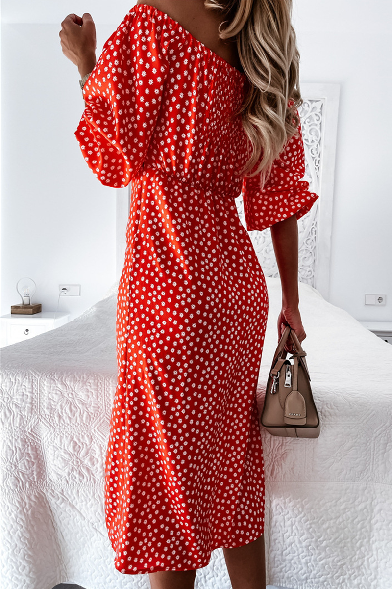 Dunnmall Fashion Elegant Polka Dot Frenulum Slit Off the Shoulder Dresses