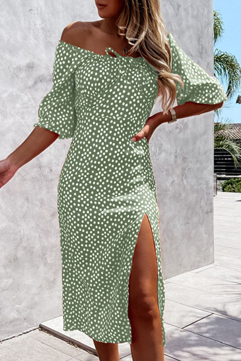 Dunnmall Fashion Elegant Polka Dot Frenulum Slit Off the Shoulder Dresses