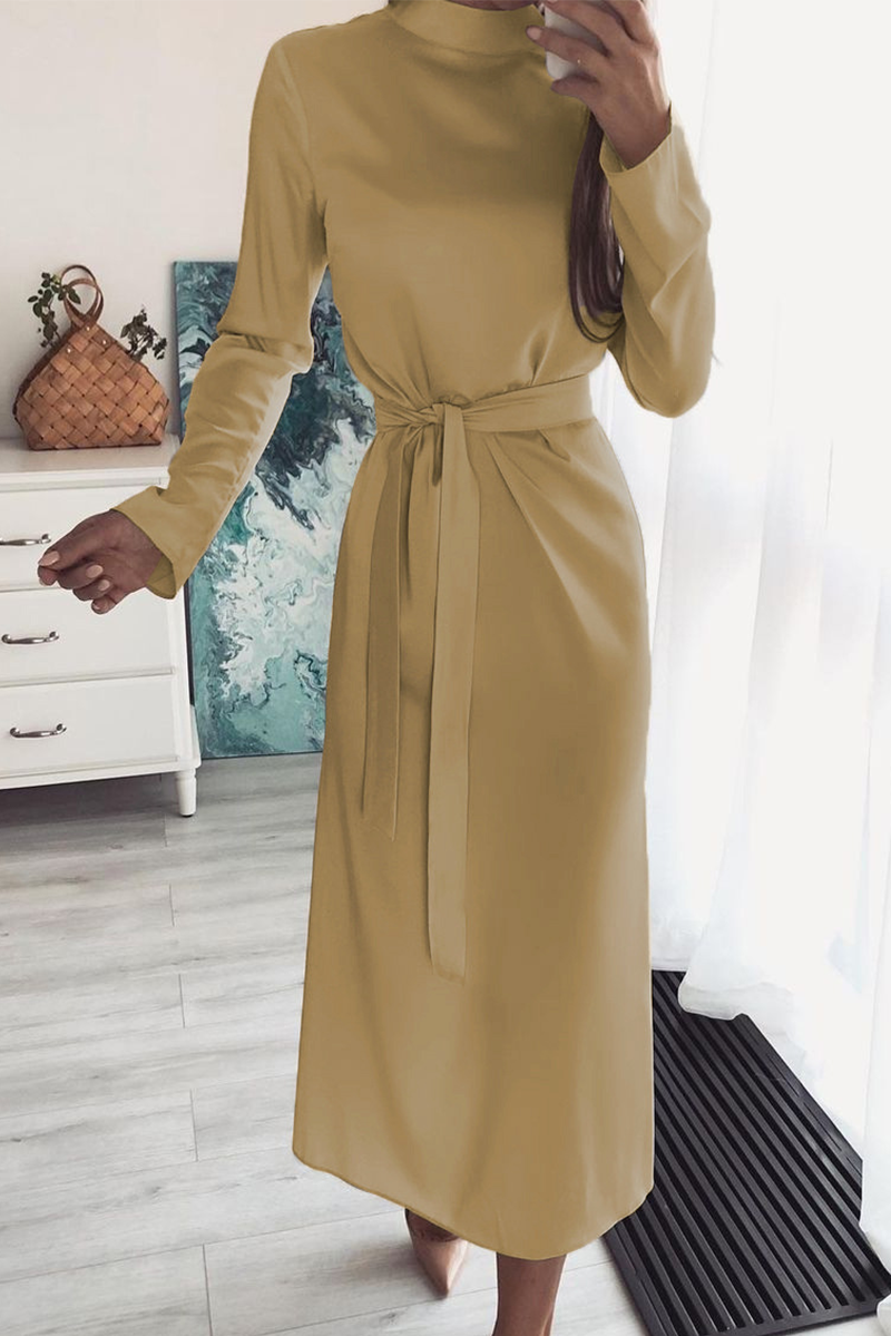 Dunnmall Elegant Solid Split Joint With Belt Turtleneck Waist Skirt Dresses