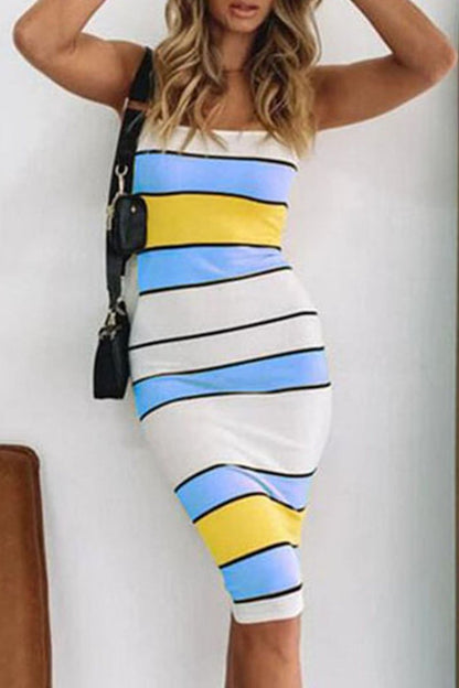 Dunnmall Fashion Casual Striped Split Joint Spaghetti Strap Pencil Skirt Dresses