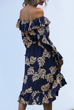 Dunnmall Elegant Floral Buckle Flounce Off the Shoulder Waist Skirt Dresses