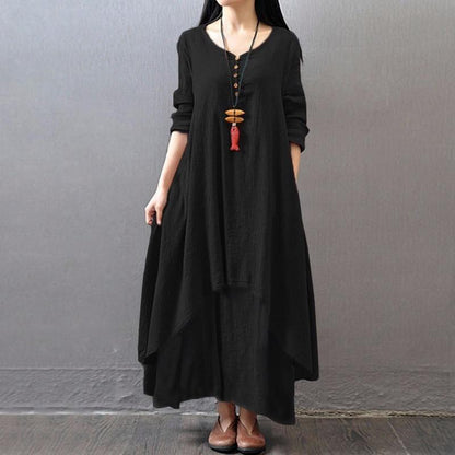 Dunnmall Vintage Women Casual Loose Dress Solid Long Sleeve Boho Ethnic Long Maxi Dresses