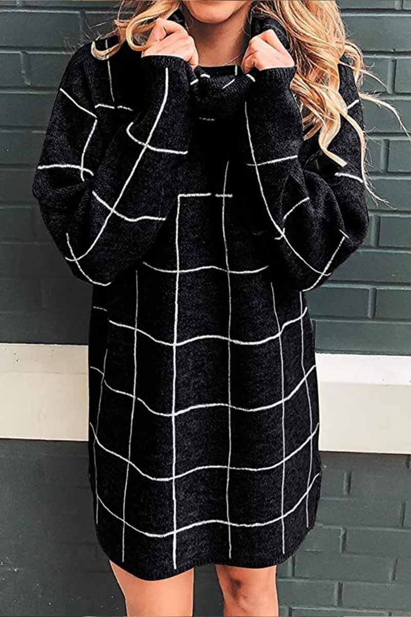 Dunnmall High Collar Plaid Loose Mini Dress