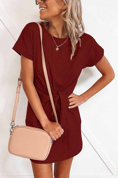 Dunnmall Loose Tie Solid Color Short Sleeves Mini Dress